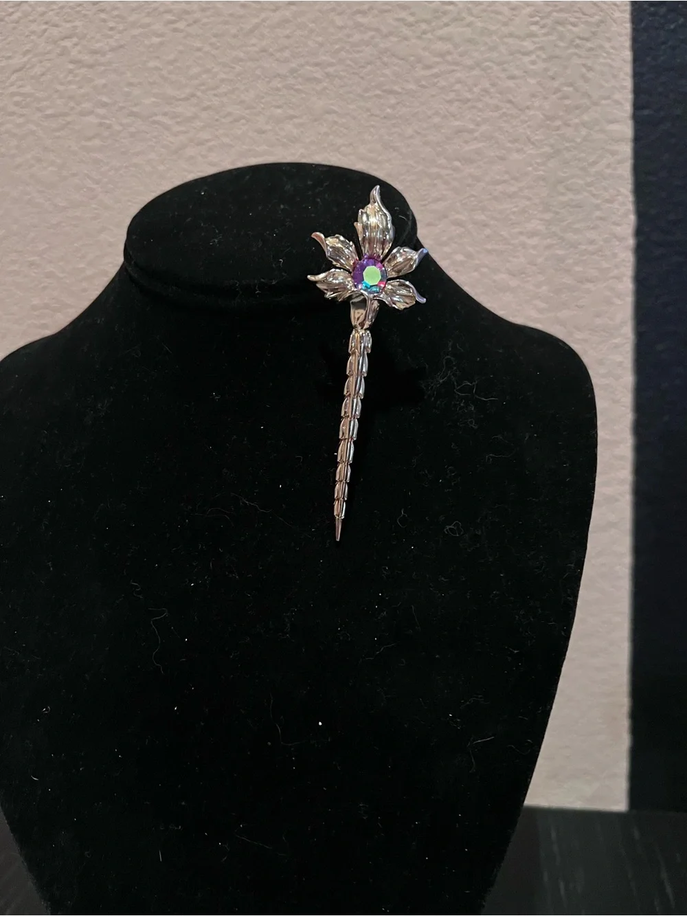 Crystal Flower Drop Brooch - Silver